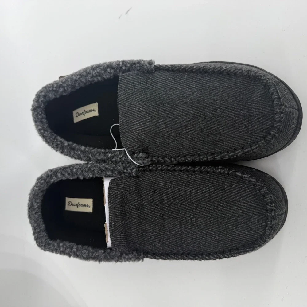 Dearfoams Mens Memory Foam Herringbone Moccasin Slippers Grey XL 13-14‎